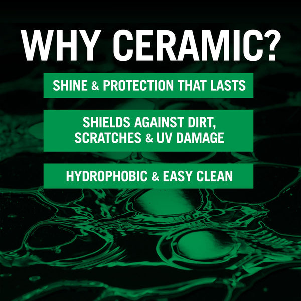 A green and black descriptive image highlighting the benefits of ceramic technology. 