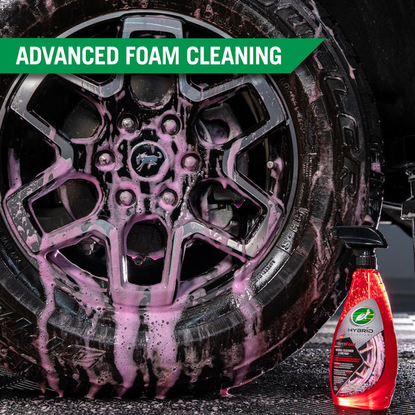 Red foam from Hyper Foam Wheel Cleaner drips down the side of a cars wheel, highlighting the advanced foam cleaning power. 