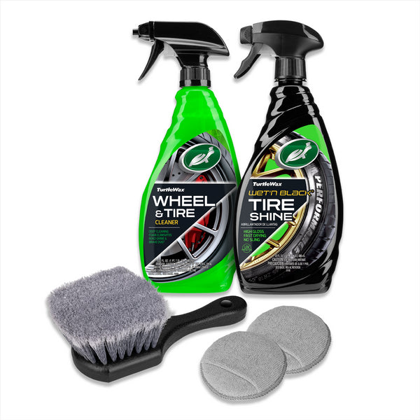 Turtle Wax Wheel & Tire Cleaner and Wet'n Black Tire Shine are shown on a white background alongside a tire brush and two grey applicator pads. 