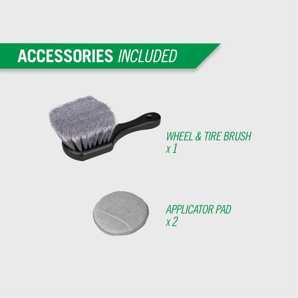 The grey and black wheel and tire brush along with the grey applicator pad are shown on a white background.