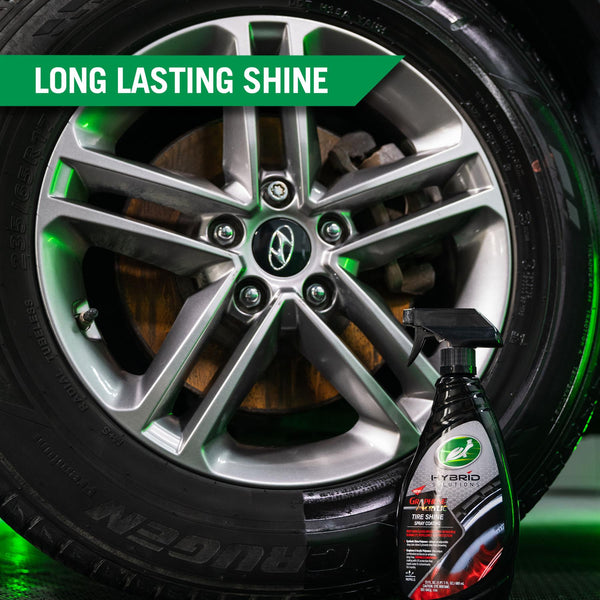 A close up of a car wheel with the before and after effects of the Graphene Acrylic Tire Shine. The left side of the wheel is dull and dirty, with the right side showing a deep black gloss and shine.