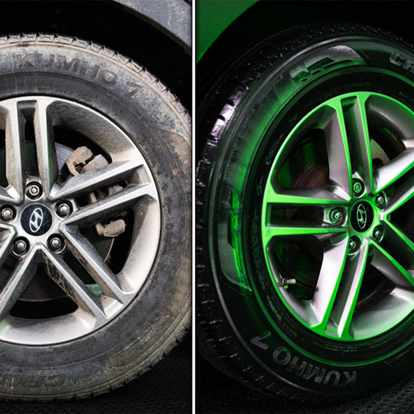 Side by side image of the same wheel covered with dirt on the left side and clean and shiny on the right.