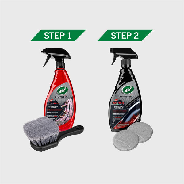 The two step process of this kit is shown, with step one using Hyper Foam Wheel Cleaner and step two using Graphene Acrylic Tire Shine. 