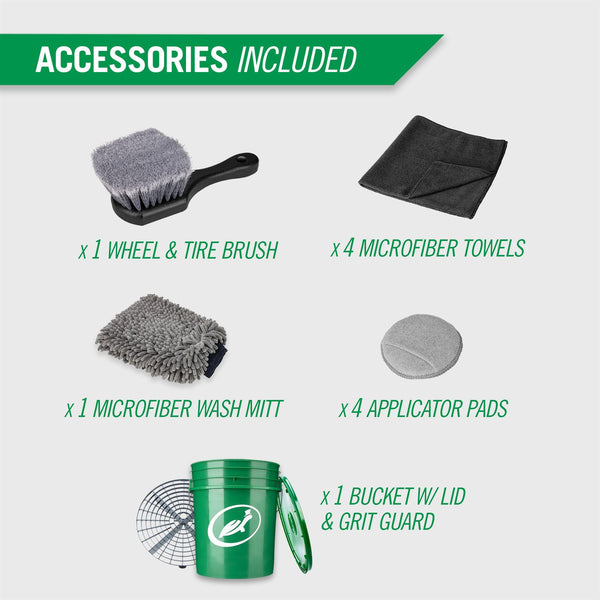 All accessories included in the kit are shown against a white background. 