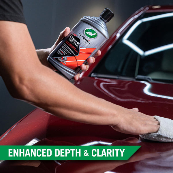 A person uses a grey applicator pad to apply Ceramic Polish & Wax to the surface of a car, showcasing the products enhanced depth & clarity. 