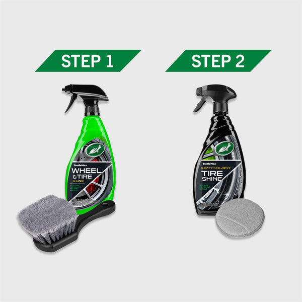 The two step process of the kit is shown. Step one shows an image of Turtle Wax Wheel & Tire Cleaner with a tire brush and step two shows Wet'n Black Tire Shine with an applicator pad. 